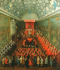 Scarlet is the traditional color of the British nobility. Queen Anne addresses the House of Lords (1708–1714), whose members wear their red ceremonial robes.
