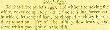 Recipe for scotch eggs, using five pullet eggs covered in forcemeat and fried until brown; served hot with gravy