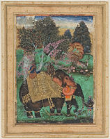 Ibrahim Adil Shah II riding his favourite elephant Atash Khan, Bijapur, c. 1600.[20] Private collection