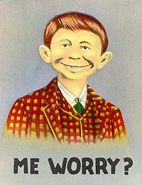 Postcard with public domain "me worry?" face that inspired Alfred E. Neuman.