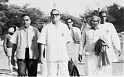 A. K. Gopalan (left), B. T. Ranadive (center), E. M. S. Namboodiripad (right) and Hare Krishna Konar (extreme right) with other CPI(M) leaders in Calcutta, 1966