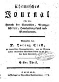 由克雷尔（英语：Lorenz Florenz Friedrich von Crell）于1778年创办的世上第一份化学专业期刊封面[11]