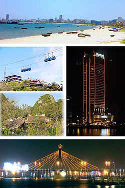 从上往下顺时针：美溪海滩、岘港诺富特酒店、瀚江大桥、五行山、巴拿山缆车