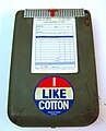 This receipt holder, with "I Like Cotton" sticker, comes from Galanty's, which was in business in Lake Providence, Louisiana, from 1896 to 1996. Many of Galanty's customers were cotton farmers.
