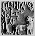 Man in a tree seating on a branch, while a tiger looks up at him. Mohenjo-daro.