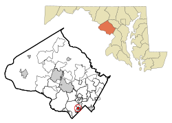 切维蔡斯在蒙哥马利县及马里兰州的位置（以红色标示）