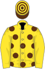 Yellow, brown spots, yellow sleeves, brown and yellow hooped cap