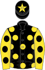 Black, yellow spots, yellow sleeves, black spots, black cap, yellow star