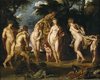 c. 1606, oil on panel, 89 x 114.5 cm, Prado; putti strip the goddesses