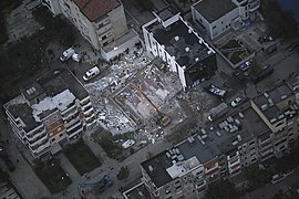 Aerial view of collapsed building in Durrës