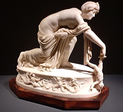 Thetis Dipping Achilles into the River Styx (1789) by Thomas Banks. This marble sculpture depicts a famous scene from Greek mythology.