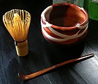Tea cup (chawan), tea whisk (chasen) and tea spoon (chashaku) used in the tea ceremony