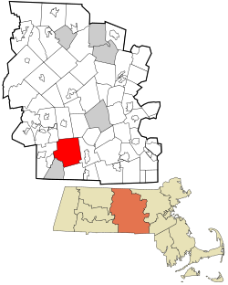 查爾頓在烏斯特縣及麻薩諸塞州的位置（以紅色標示）