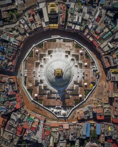 Aerial view of the Boudhanath stupa resembles a mandala