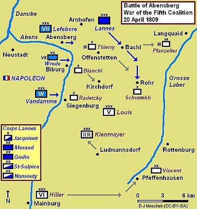 Battle of Abensberg map showing Lannes breakthrough at Bachl and Rohr