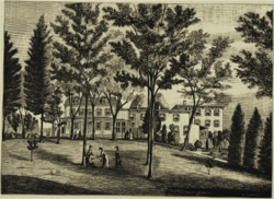 B&W illustration of the school and grounds, as well as 3 students.