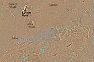Map of Elysium quadrangle. Elysium Mons and Albor Tholus are large volcanoes; locations of large fossae are indicated
