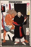 New Forms of Thirty-Six Ghosts: Lord Sadanobu (Fujiwara no Tadahira) Threatens a Demon (Oni) in the Palace at Night. Ukiyo-e printed by Tsukioka Yoshitoshi (1839–1892).