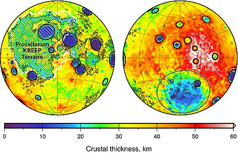 The PKT is labeled in the image; the region within the green circle in the polar region is SPAT, and the rest is FHT. While not labeled, the high-thickness (red) region on the right hemisphere corresponds to the inner FHT.[15] The left hemisphere is the near side of the moon, and the right hemisphere is the far side.