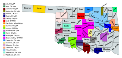 Map of the 22 core-based statistical areas in Oklahoma.