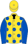 Yellow, royal blue spots and sleeves, yellow cap