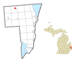 耶鲁在圣克莱尔县及密歇根州的位置（以红色标示）