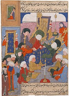 16th-century illustration with many men;Hasan and Husayn are veiled, with flaming halos