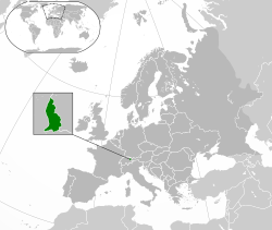 Location of Liechtenstein (green) in Europe (agate grey)  –  [Legend]