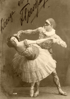 Olga Preobrazhenskaya as Columbine and Nikolai Legat as Harlequin in their costumes for the Grand pas des alouettes of Act II. St. Petersburg, 1913.