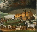 A painting by Edward Hicks showing the animals boarding Noah's Ark two by two