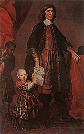 Painting of a richly dressed man in 17th century garb holding a map and leading a boy