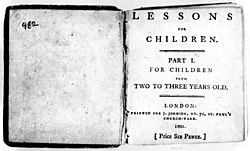 Page reads "Lessons for Children. Part I. For Children from Two to Three Years Old. London: Printed for J. Johnson, No. 72, St. Paul's Church-Yard, 1801. [Price Six Pence.]"