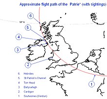 Map showing Central and Northern France and the Benelux states on the right and the British Isles on the left; an arc from Northern France swings clockwise across France, Southern England, Central Wales and Northern Ireland, ending over the Western Isles of Scotland. Six points at which the Patrie was sighted on its final unmanned flight are marked along the flight-path