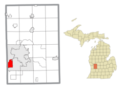 格兰德维尔在肯特县及密歇根州的位置（以红色标示）