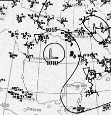 Weather map showing the storm with weather observations and isobars plotted