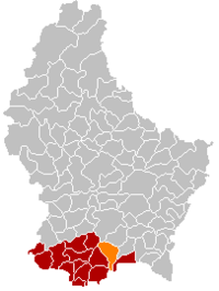 勒瑟在卢森堡地图上的位置，勒瑟为橙色，阿尔泽特河畔埃施县为深红色