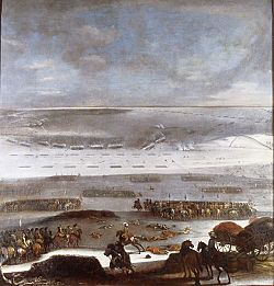 Painting showing the battle of Ivesnaes titled March Across Little Belt and the Battle of Ivesnaes by Johann Philip Lemke