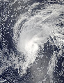 A visible satellite image of a moderate-strength tropical storm at the Central Pacific Ocean on July 28, 2013.