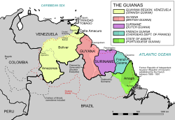 圭亚那地区各组成部分：   委内瑞拉圭亚那（西属圭亚纳）     圭亚那 （英属圭亚纳）     苏里南（荷属圭亚纳）     法属圭亚那     巴西阿马帕州（葡属圭亚纳） 虚线：圭亚那地盾