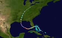 A map plotting the path of Hurricane Katrina from the Bahamas, across Florida and the Gulf of Mexico, and then the Southern United States and Mississippi River Valley