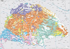 Ethnic map of the Kingdom of Hungary in 1784 by the Hungarian Academy of Sciences, based on their researches. Hungarians are depicted in orange. The ethnic pattern of Hungary changed due to the centuries long wars and migration movements.[64][65][66]