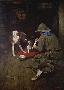 A Boy Scout in a dark tan uniform with a matching wide brimmed hat bandages the foot of a spaniel puppy while being watched by its mother - The first Boy Scout calendar painting, A Good Scout
