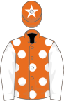 Orange, white spots, white sleeves, orange cap, white star