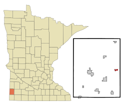伍德斯托克在派普斯通县及明尼苏达州的位置（以红色标示）