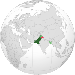 Location of West Pakistan (dark green)[a], the rest of Pakistan (light green)[b] and territories claimed by the federal government (pink)[c]