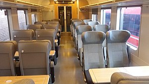 车厢编号为26013的“挪威国铁5型客车”一等座车升级改造后的车厢内部，2020年2月4日拍摄。该车厢在拍摄时由“挪威国家铁路”的后继公司“Vy”运营。