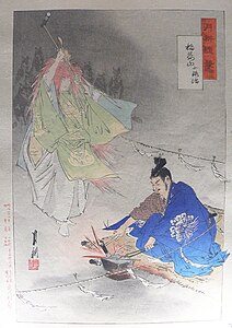 鐵匠Munechika(10世紀),在一位狐狸神的幫助下(左，被小狐狸圍住),鍛造一把劍Ko-Gitsune Maru("小狐狸")。木版畫由Ogata Gekkō繪製。