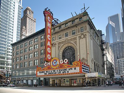 The Chicago Theatre, a former cinema restored as a live performance venue (photo by Daniel Schwen)