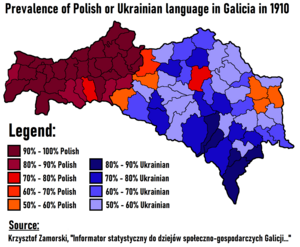 Prevalence of Polish or Ukrainian language in Galicia in 1910