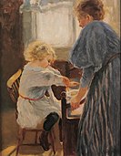 The artist's son John eats while his nanny Selma is standing by. (Borsö, c:1896)